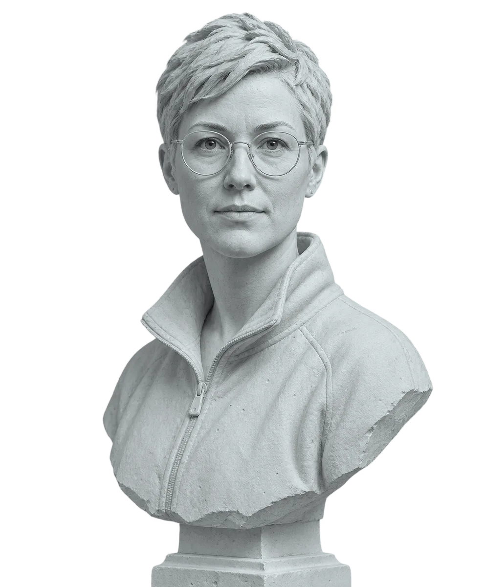 Gipsen buste van een hedendaagse data-analist met bril en fleecevest, die de kijker recht aankijkt