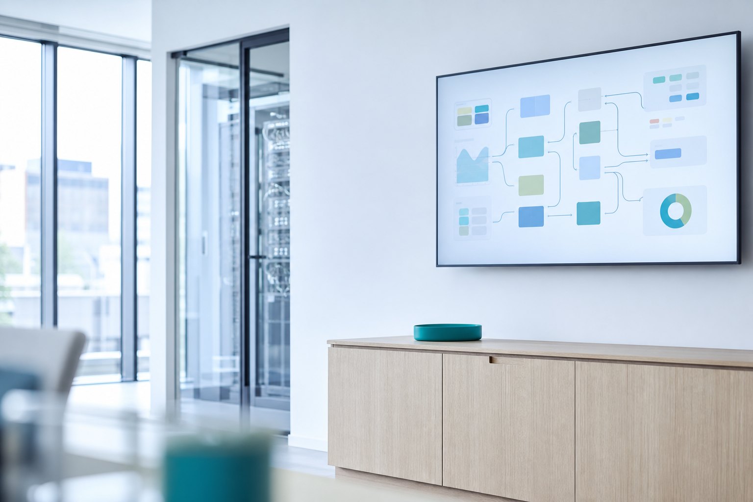 Wall display with a diagram of connected blocks and flows