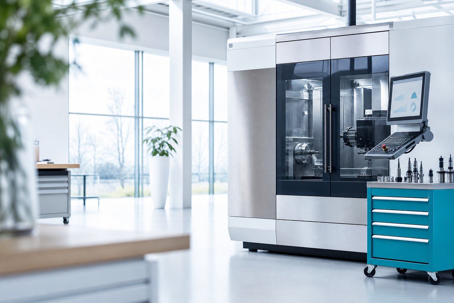 Clean modern machine hall with a CNC machine behind glass