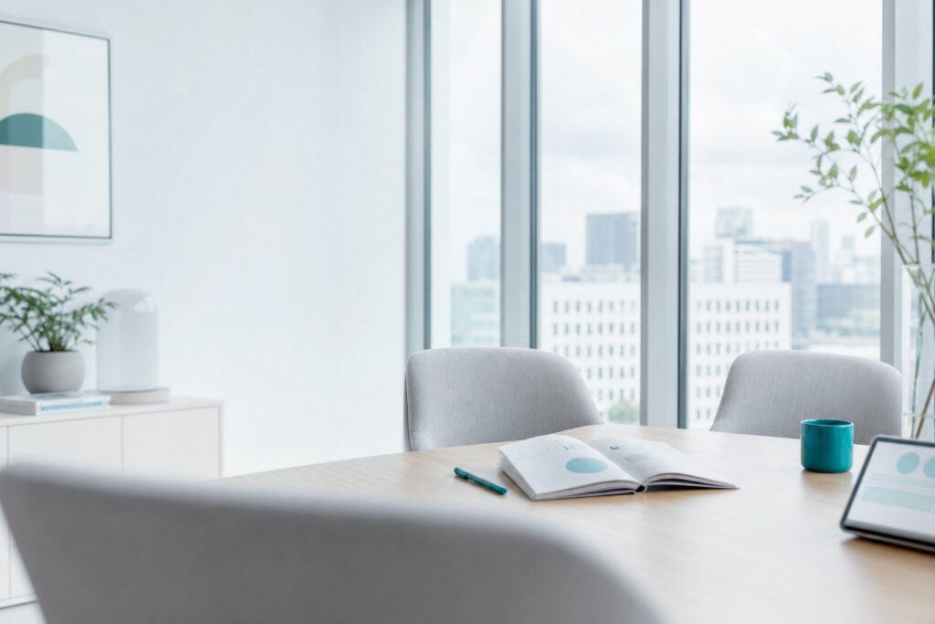 Two chairs at a bright table with a notepad and a diagram