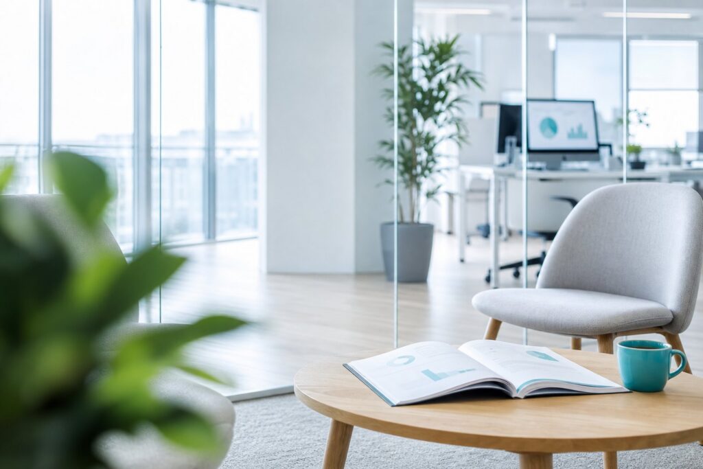 Meeting corner with an open report and a cup of coffee