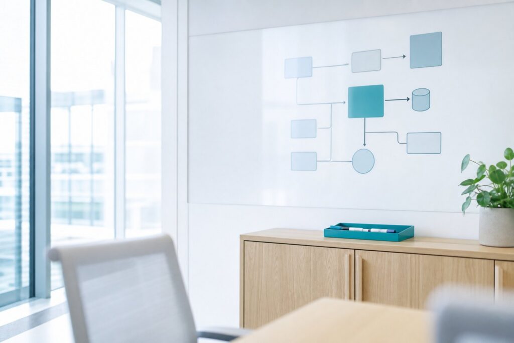 Whiteboard wall with a diagram of connected blocks