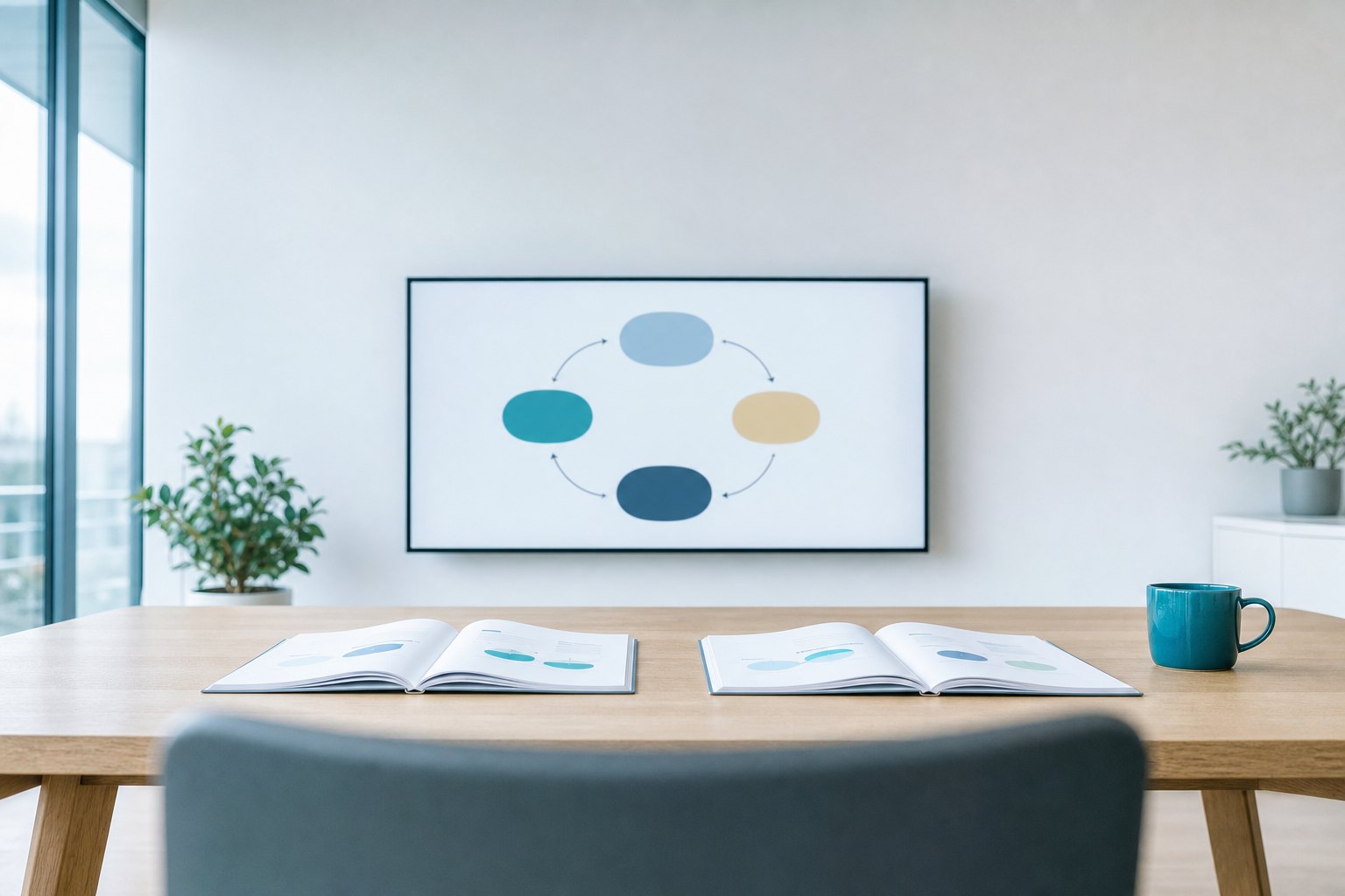 Wall display with a cyclical loop diagram and two mirrored reports on a table