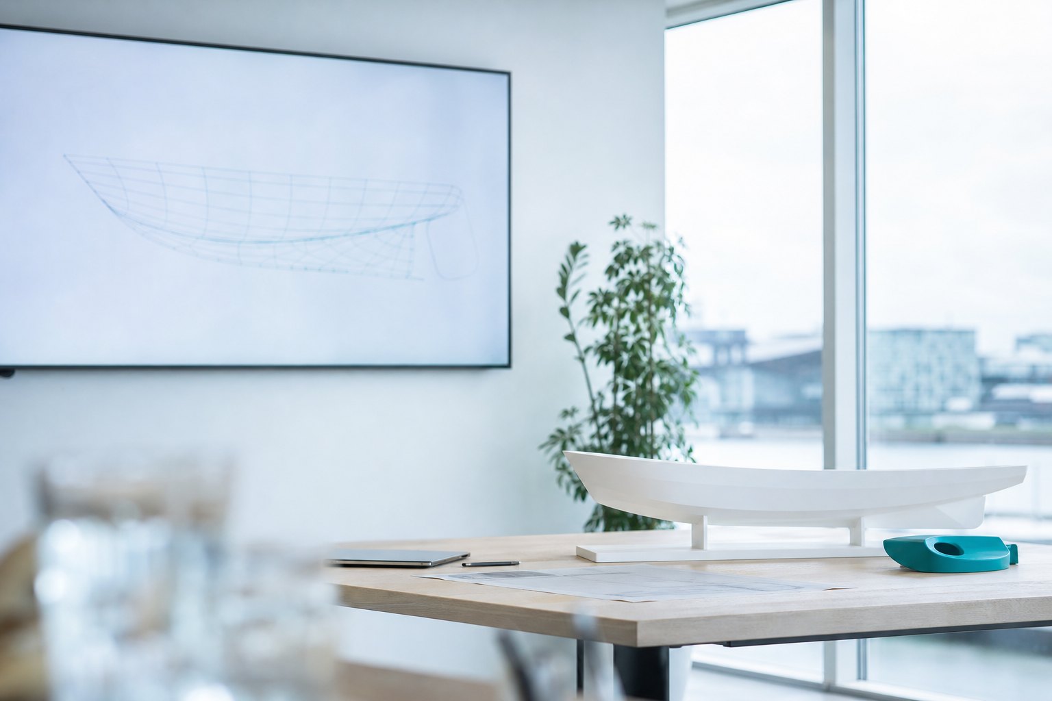 Ontwerpstudio met een rompvorm op het scherm en een wit schaalmodel ernaast