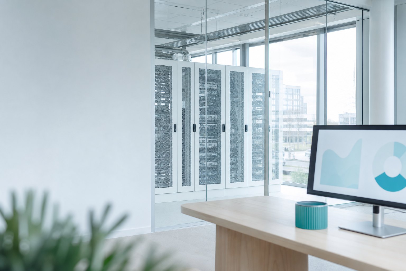Witte serverkasten achter glas met een lichte werkbank ervoor
