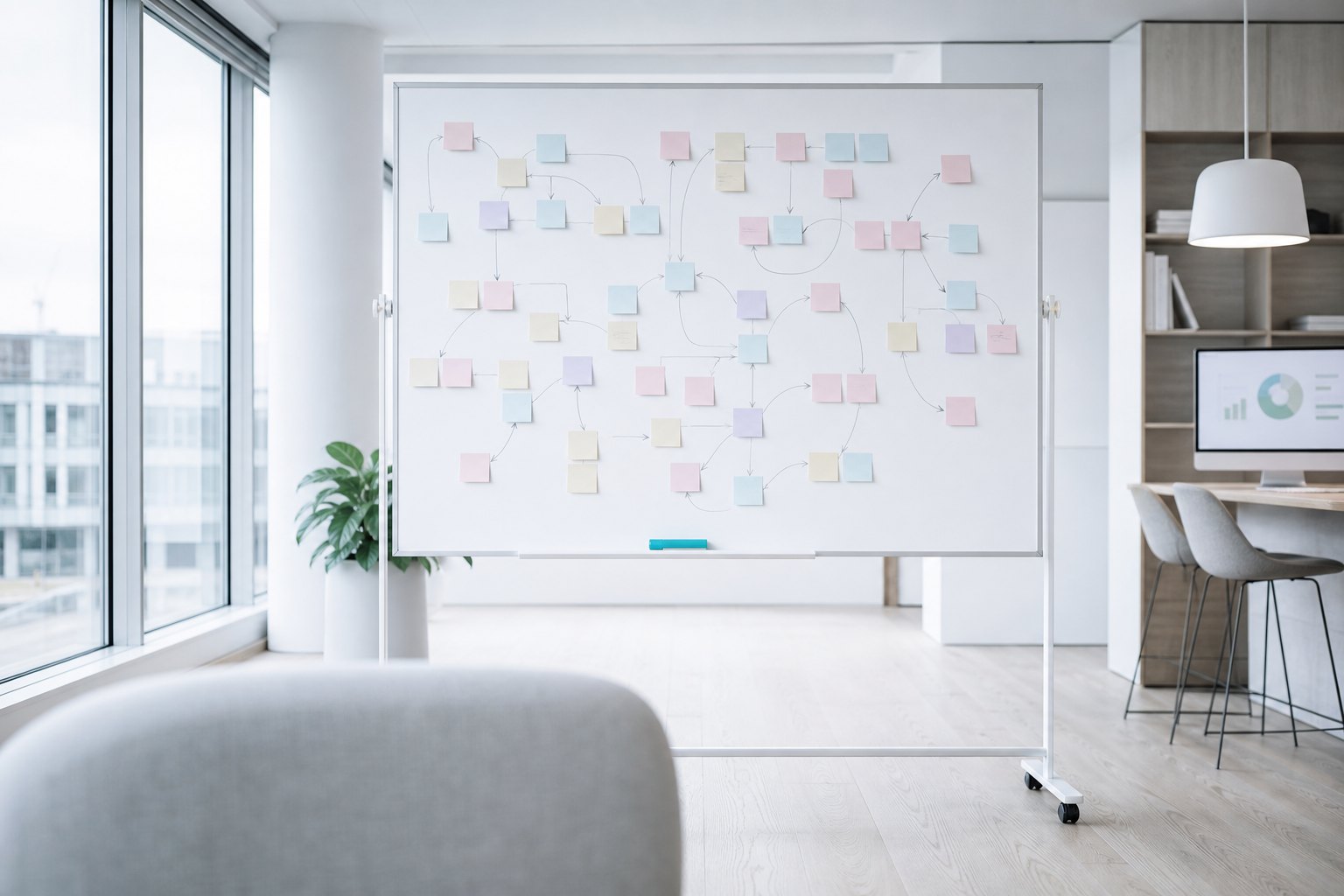 Whiteboard covered in connected sticky notes in a bright project room