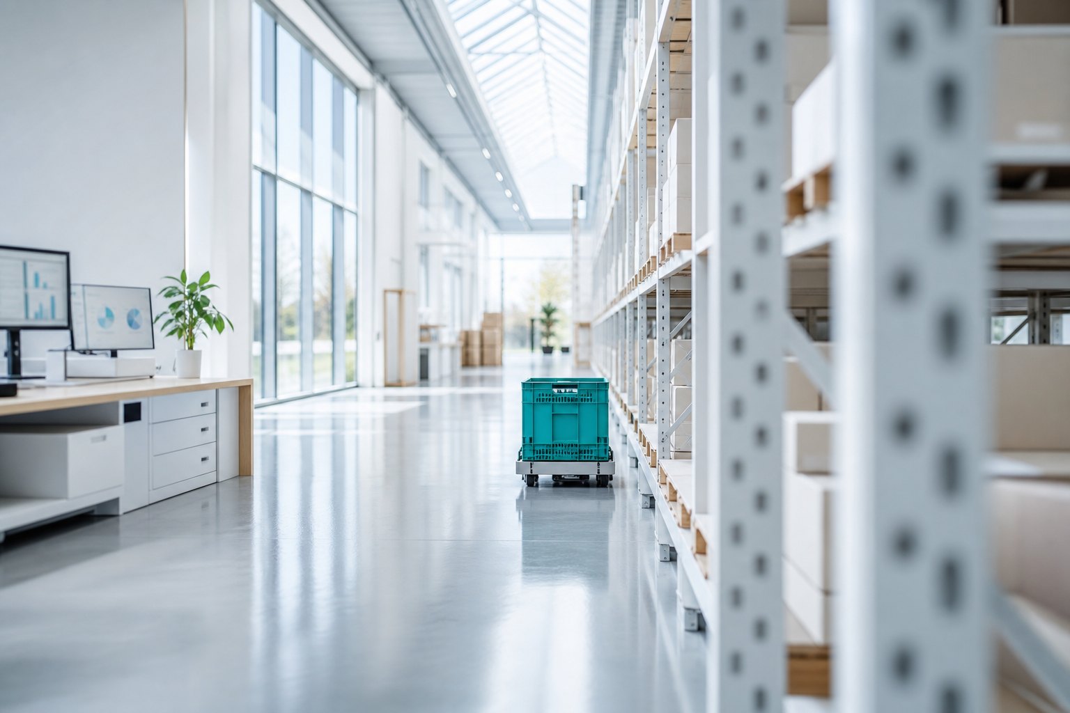 Wide aisle through a bright distribution centre