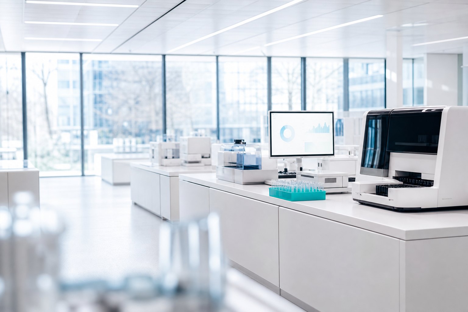 Licht ziekenhuislaboratorium met moderne analyseapparatuur
