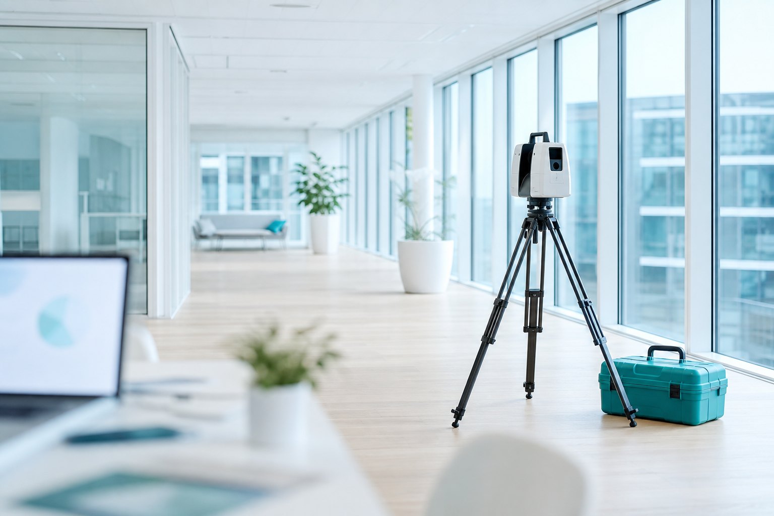 Laserscanner op statief midden in een lichte kantoorvloer
