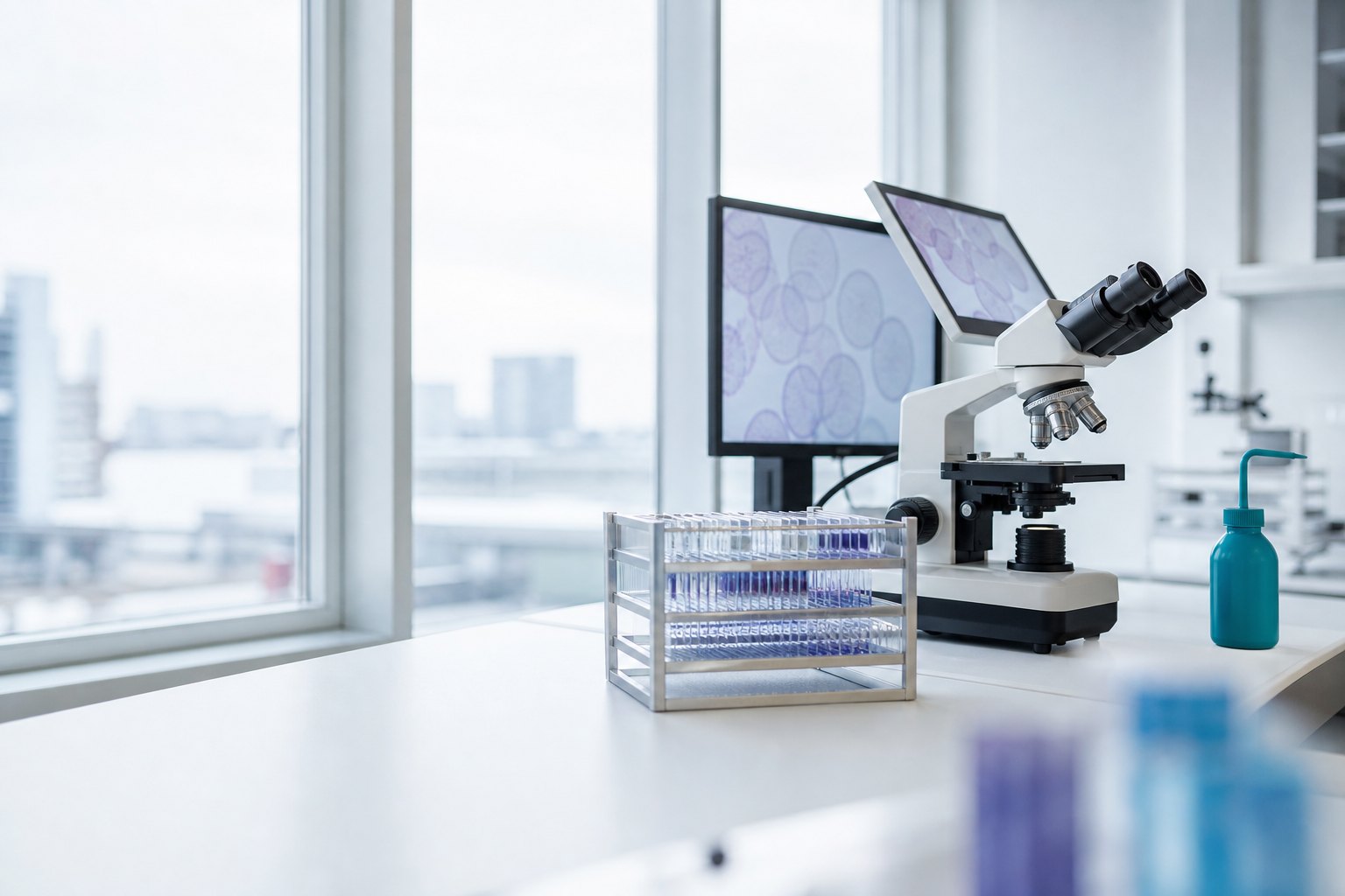 Moderne pathologiewerkbank met glasplaatjes en een microscoop