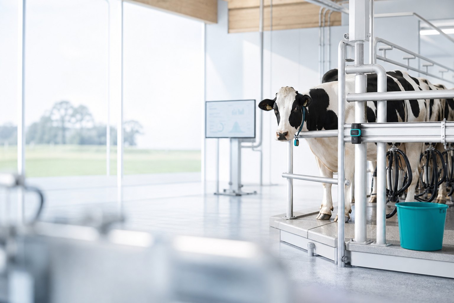 Modern dairy barn with daylight and measuring equipment
