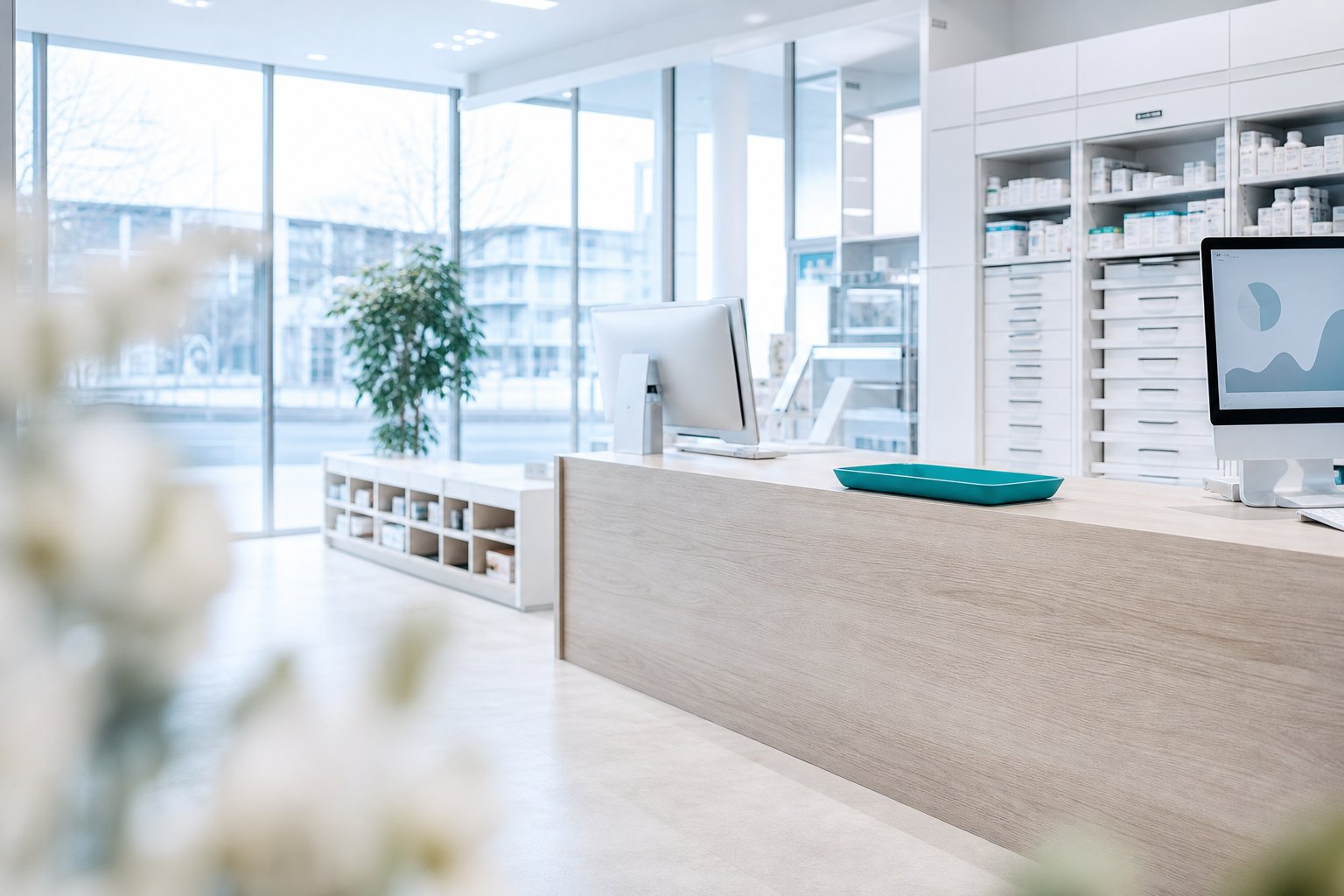 Moderne apotheekbalie met medicatieladen en een scherm