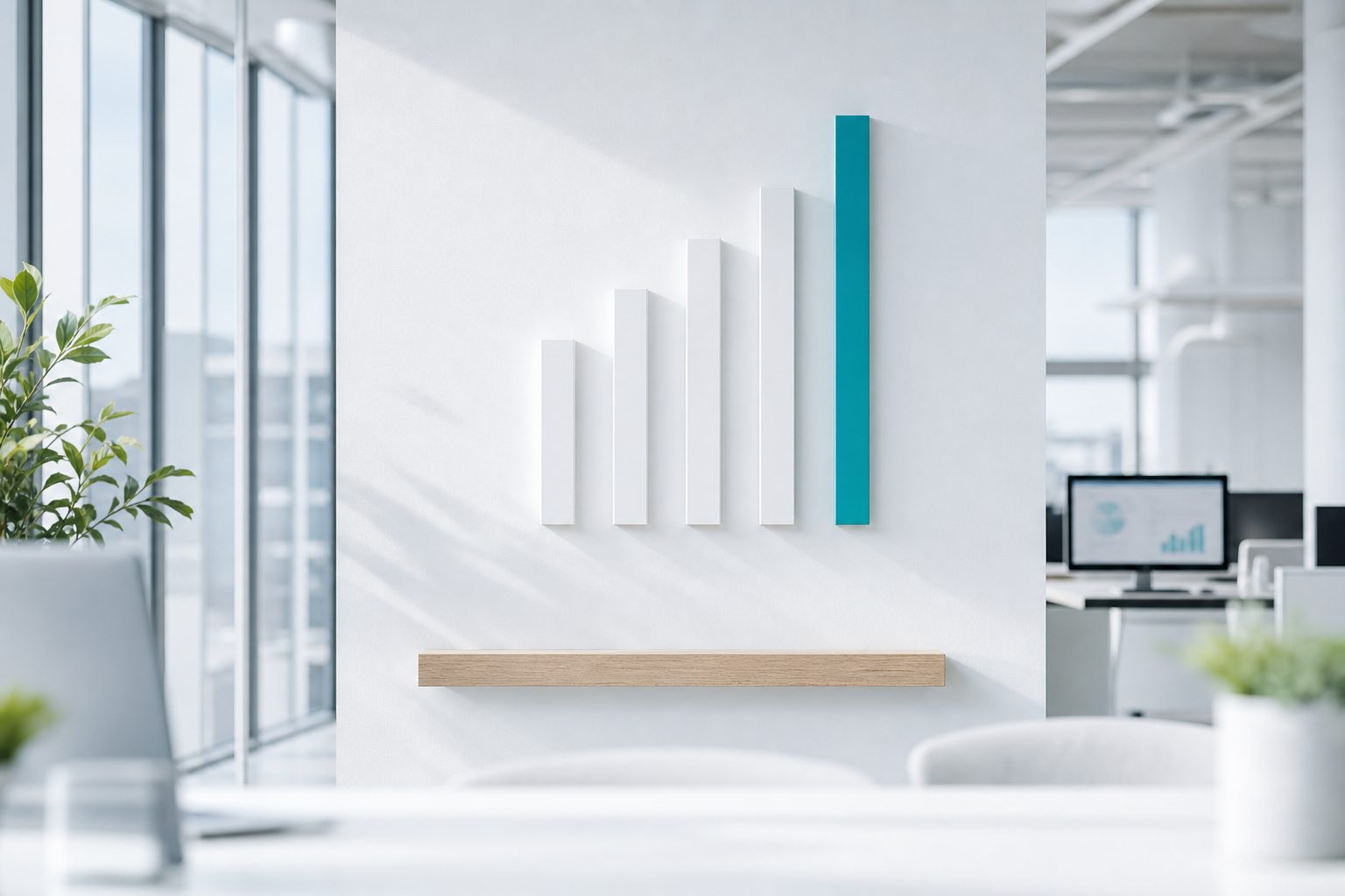 Five white slats of increasing height on a light wall, the tallest in teal