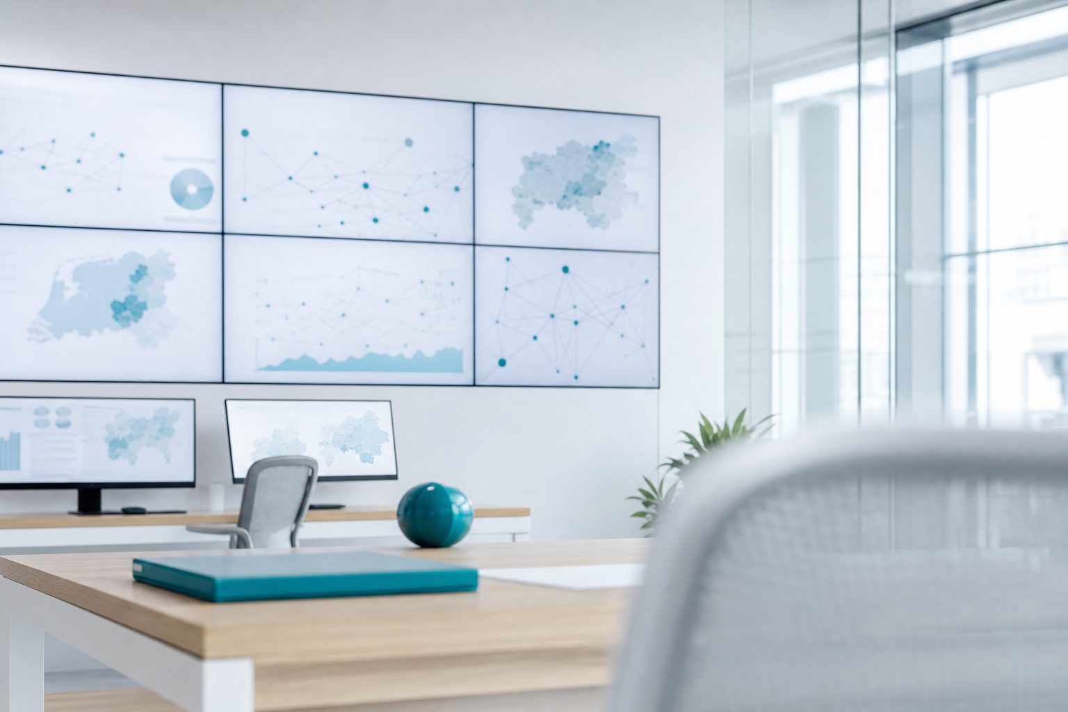 A light analysis room with a wall of screens showing soft map and network shapes