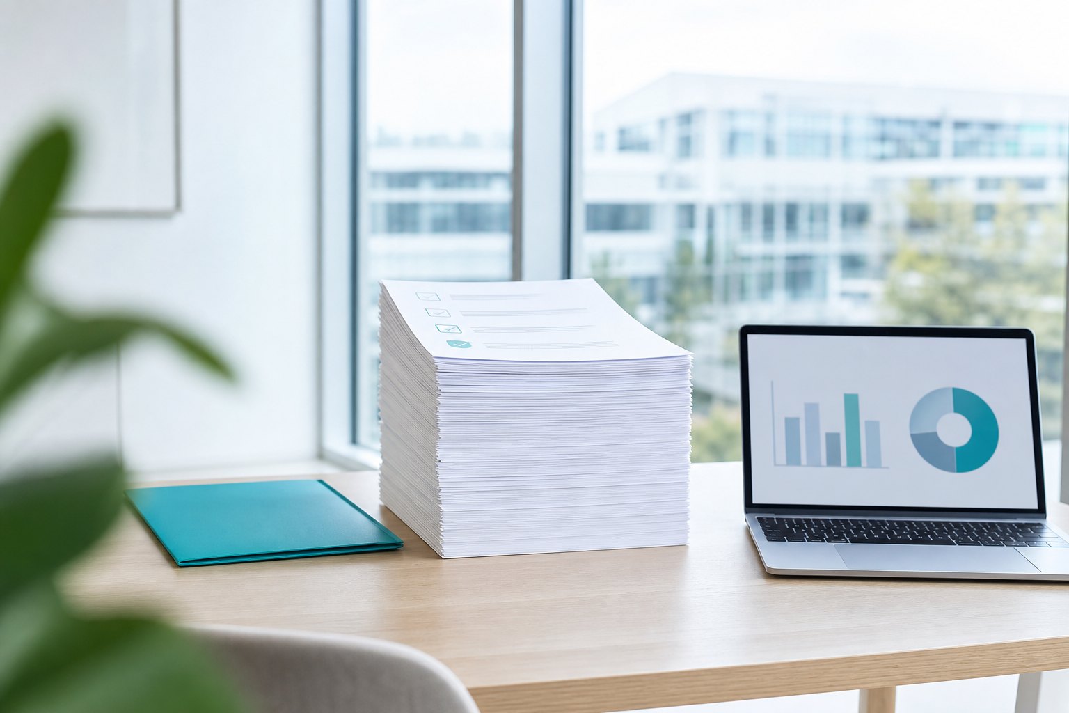 Tall stack of checklist sheets next to a laptop