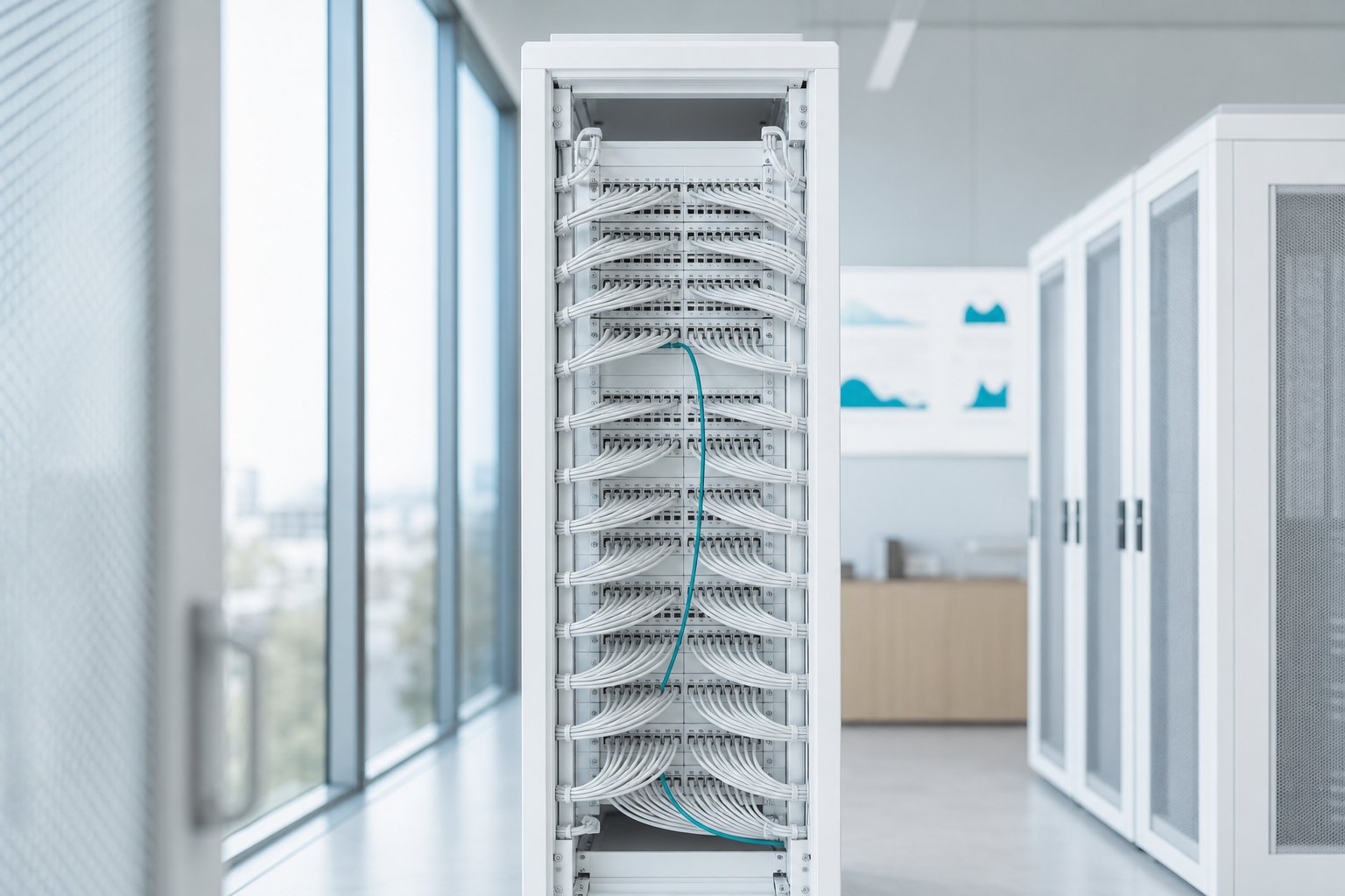 Patch cabinet with a great many cables, with one teal cable among them
