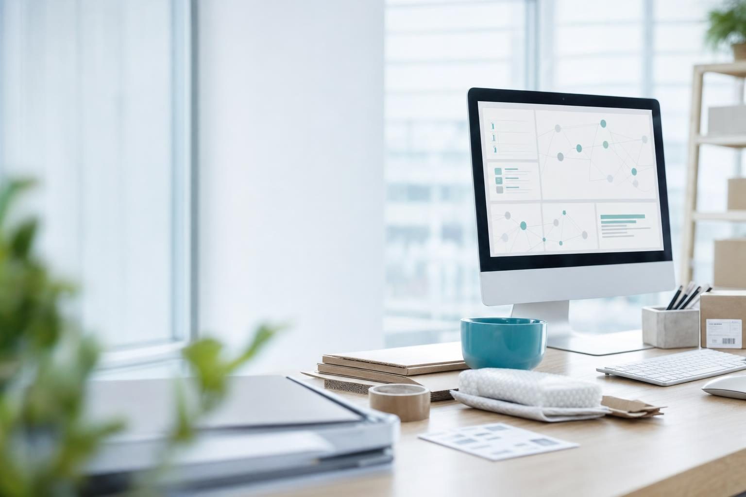 Modern bureau met een scherm dat een dataketen-dashboard toont naast verpakkingsmaterialen met tracering, in een lichte kantoorruimte