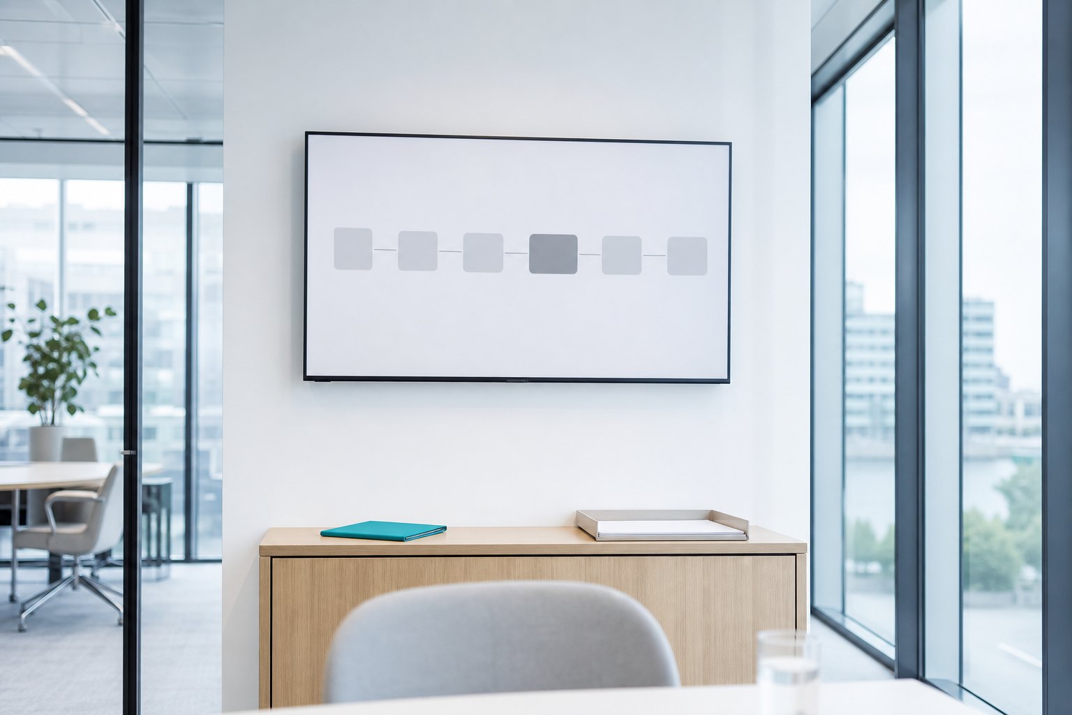 Wall display with a chain of connected blocks above a light sideboard with a teal folder