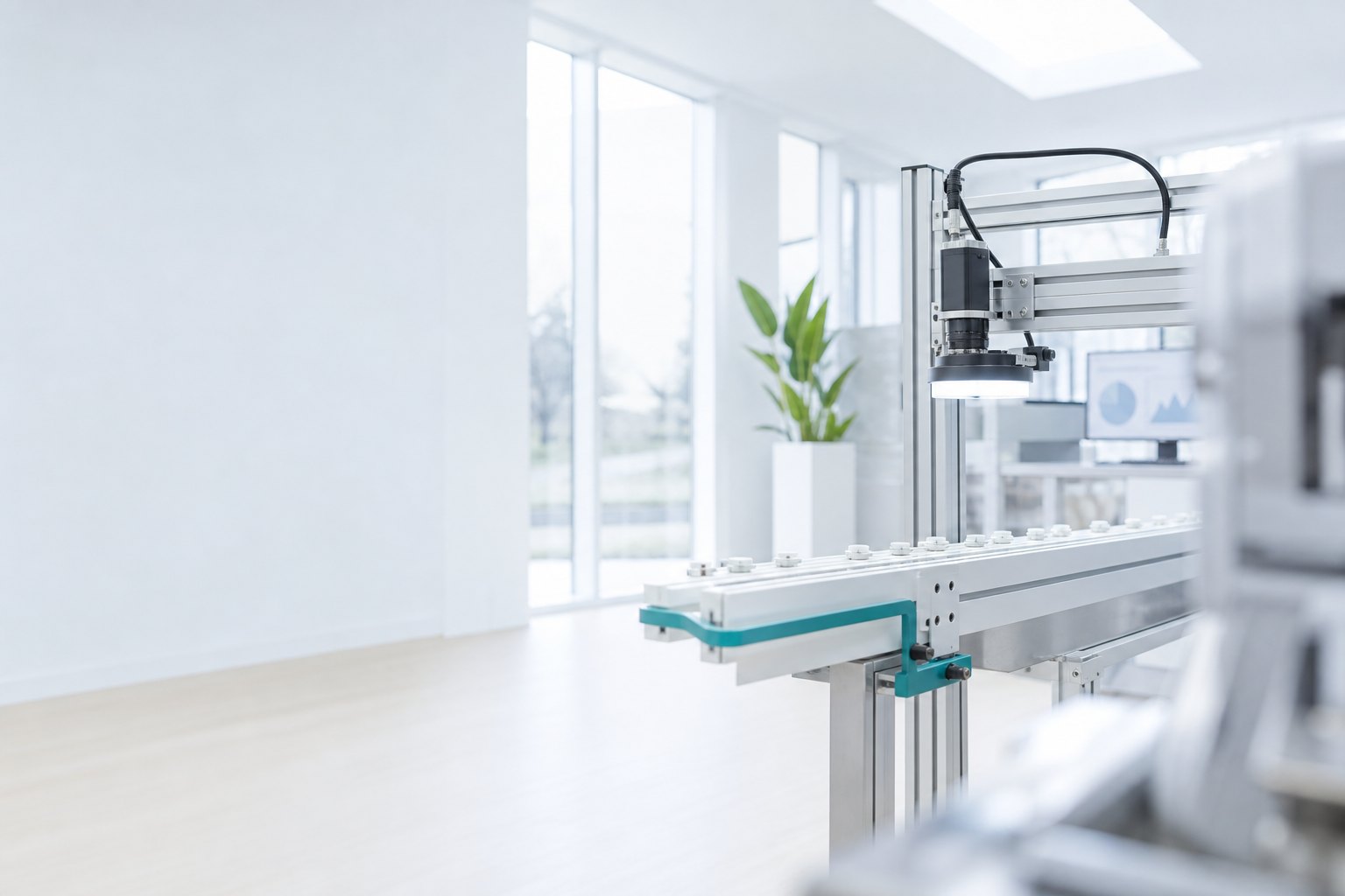 Lichte productiehal met een transportband onder een inspectiecamera en een teal veiligheidsrail