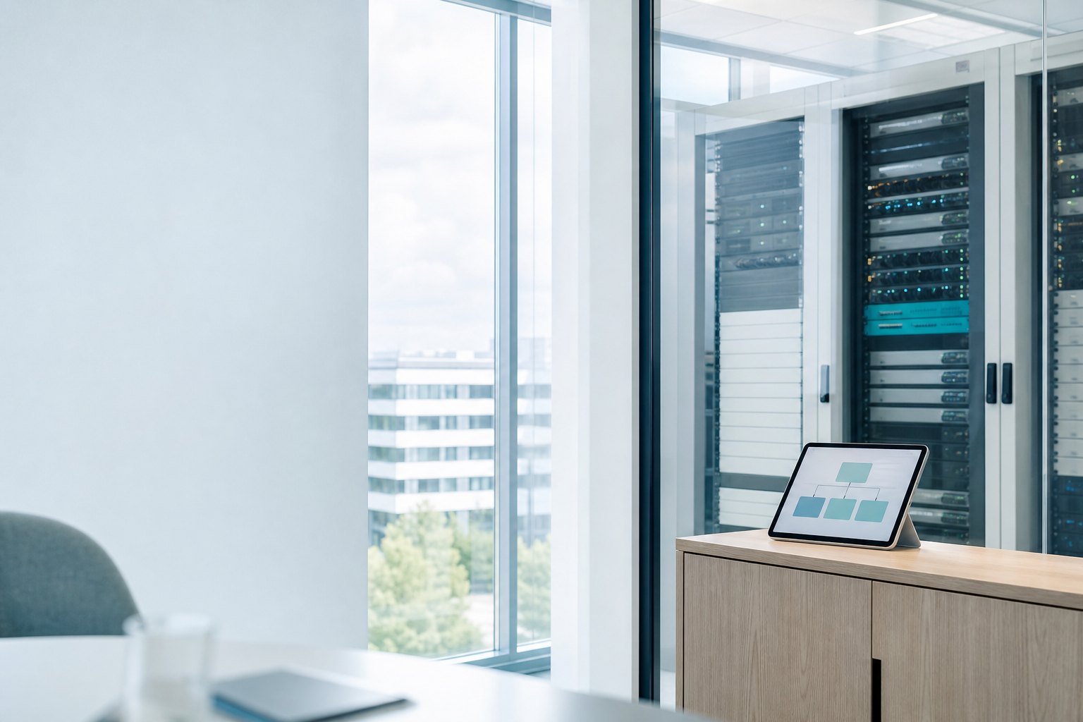 Serverruimte achter glas met nette racks en een teal patchpaneel, ervoor een tablet met een blokschema
