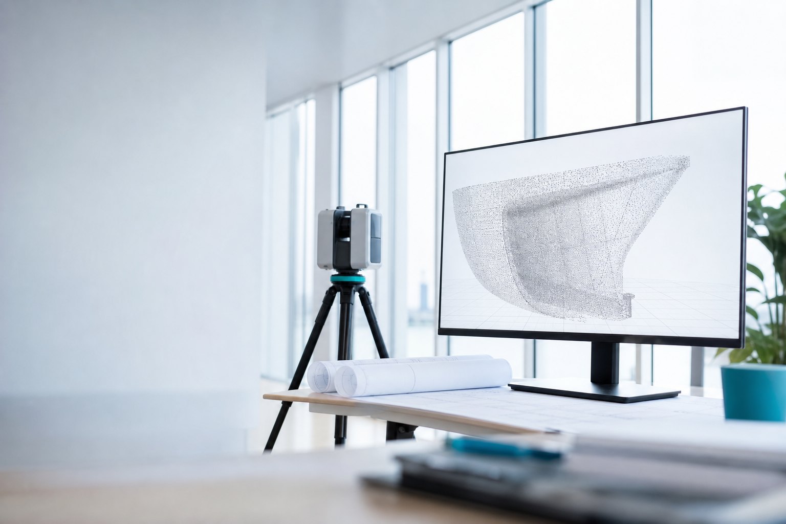 Scherm met een puntenwolk van een gebogen rompsectie, naast het bureau een laserscanner op statief met een teal ring