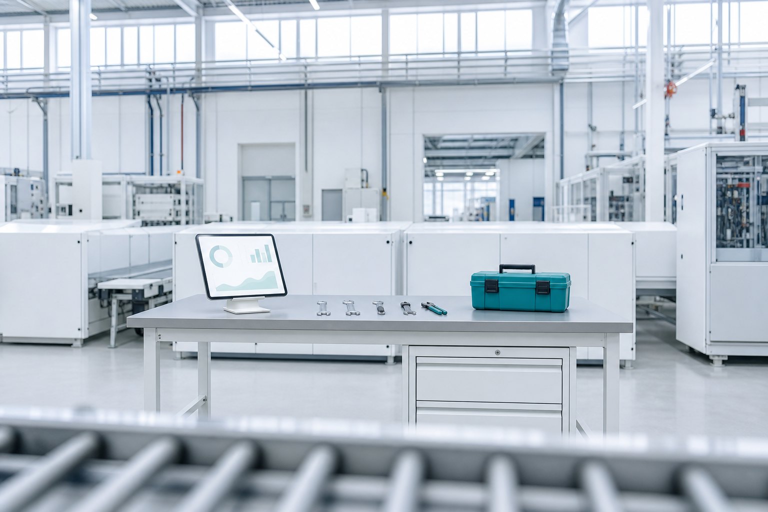 Workbench next to a production line with a tablet on a stand and tools, with one teal toolbox