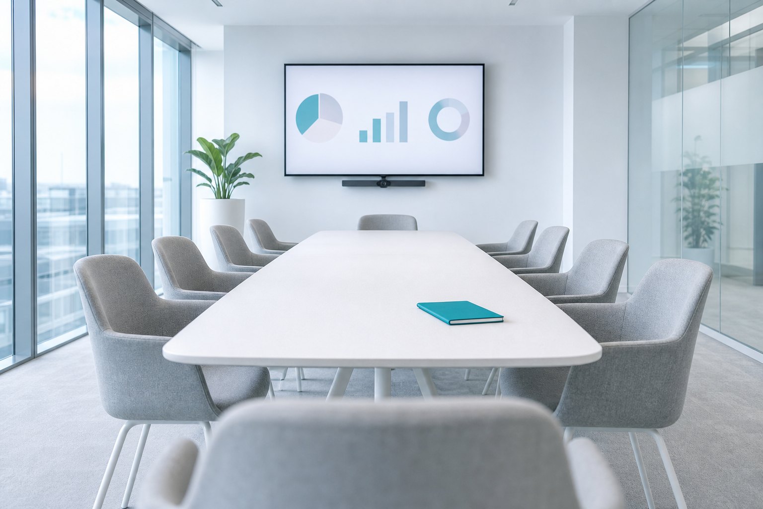 Light meeting room with a long white table, chairs pushed back and a wall screen with chart shapes, with one teal notebook