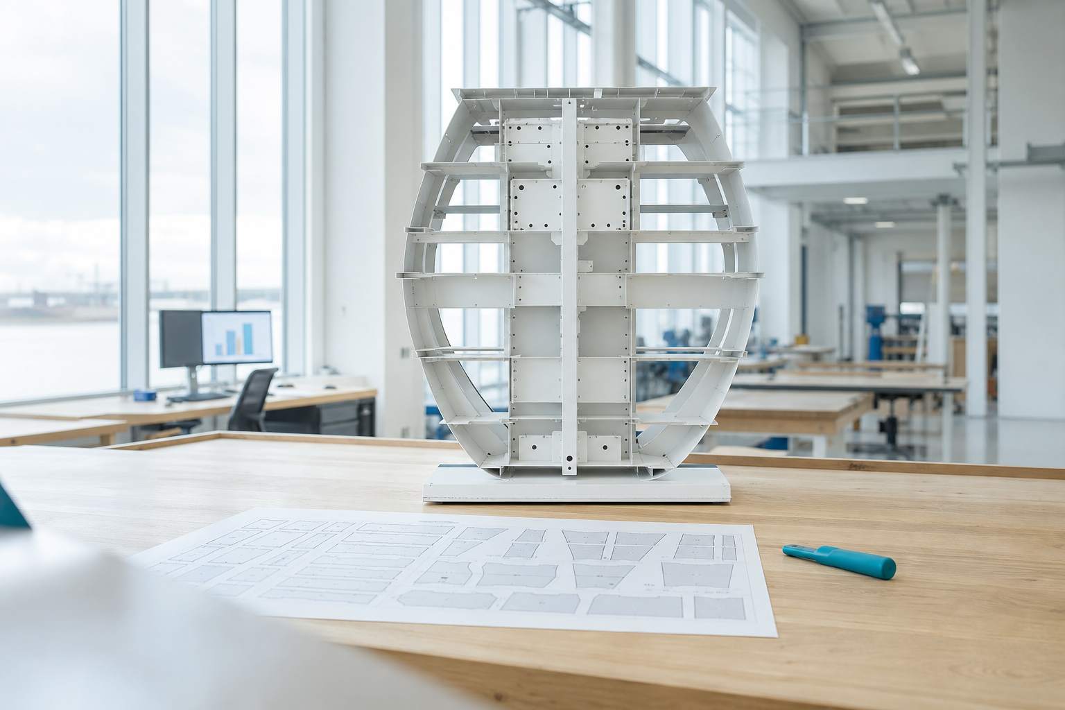 Witte rompsectie van een schip op een werkbank, met een nestingtekening van staalplaten ervoor