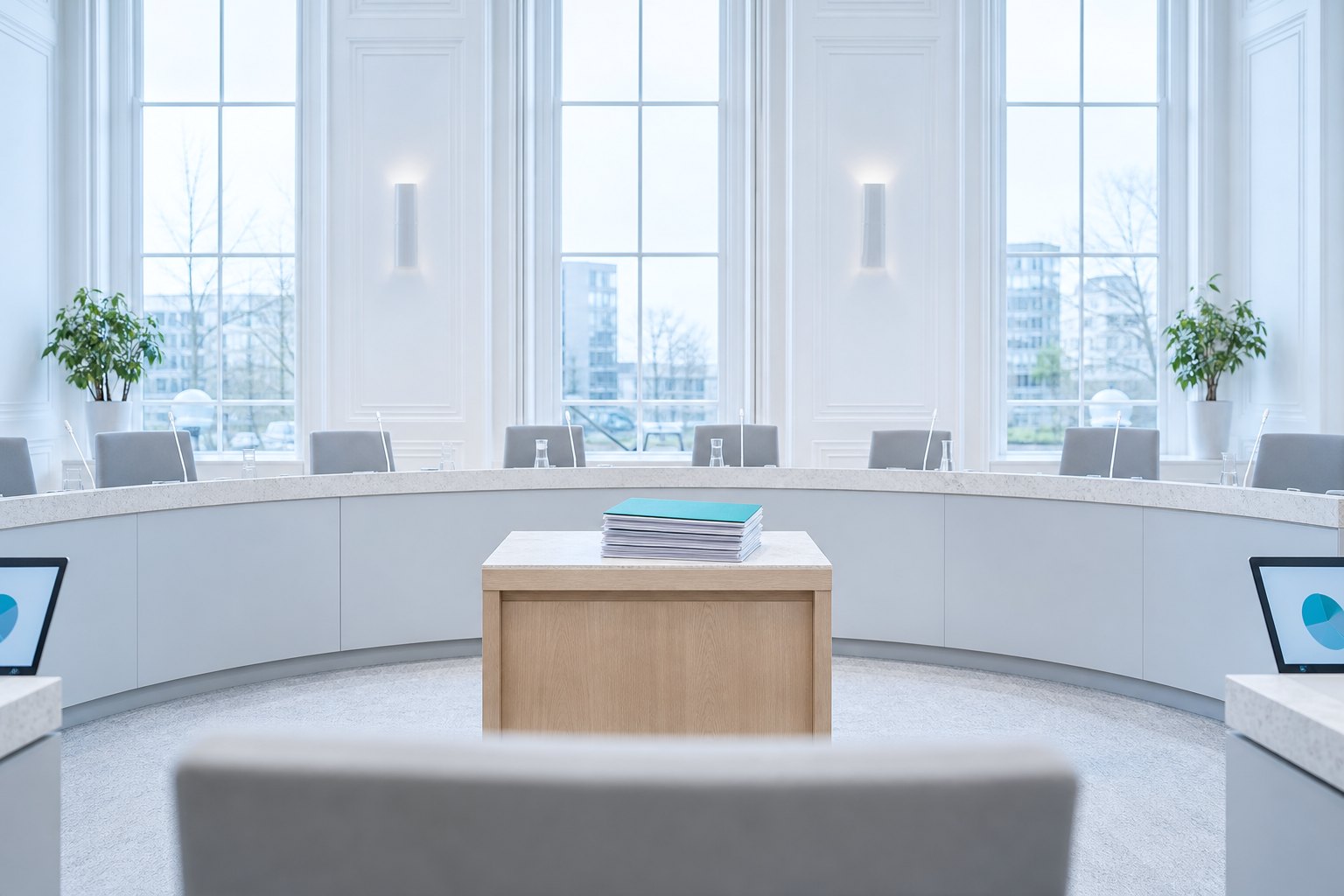 Empty council chamber with a lectern and dossiers, light and orderly, with one teal folder