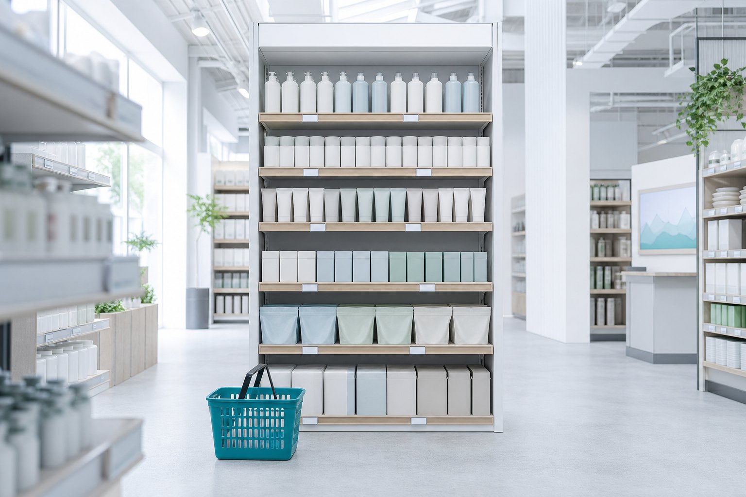 Winkelschap in een lichte winkel, overzichtelijk gevuld, met een teal boodschappenmand ervoor