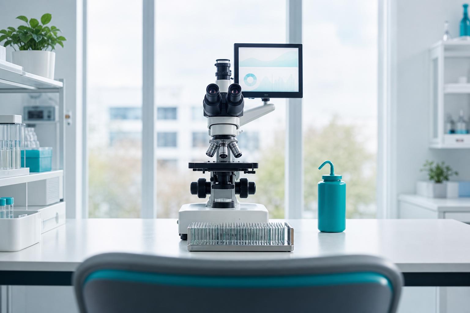 A light laboratory bench with a microscope, a rack of slides and a teal wash bottle in daylight