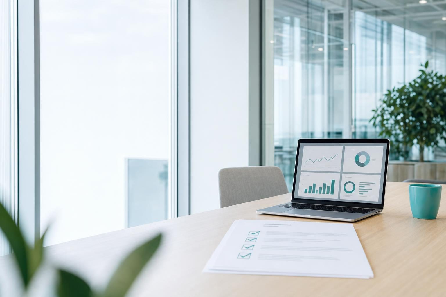 Vergadertafel met uitgeprinte checklist en een laptop met dashboard, in zonnig kantoor met glaswand